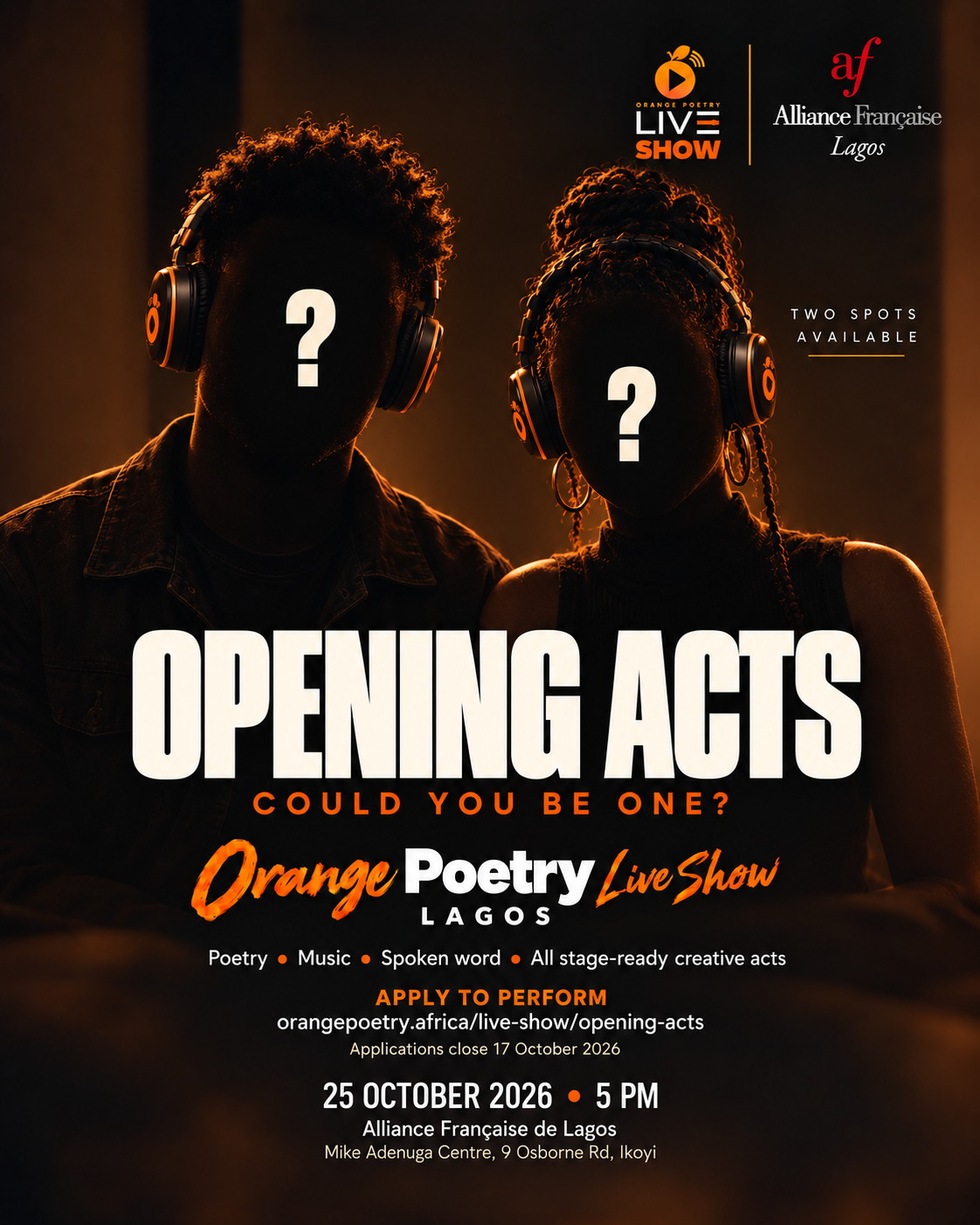Orange Poetry Live Show Lagos opening-act flyer, featuring two mystery performers in headphones under orange stage light